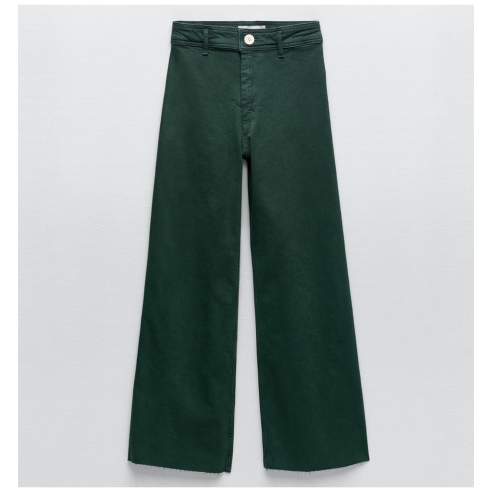 Zara The Marine Straight Wide Leg High Rise Relaxed Jeans In Foresr Green NWT